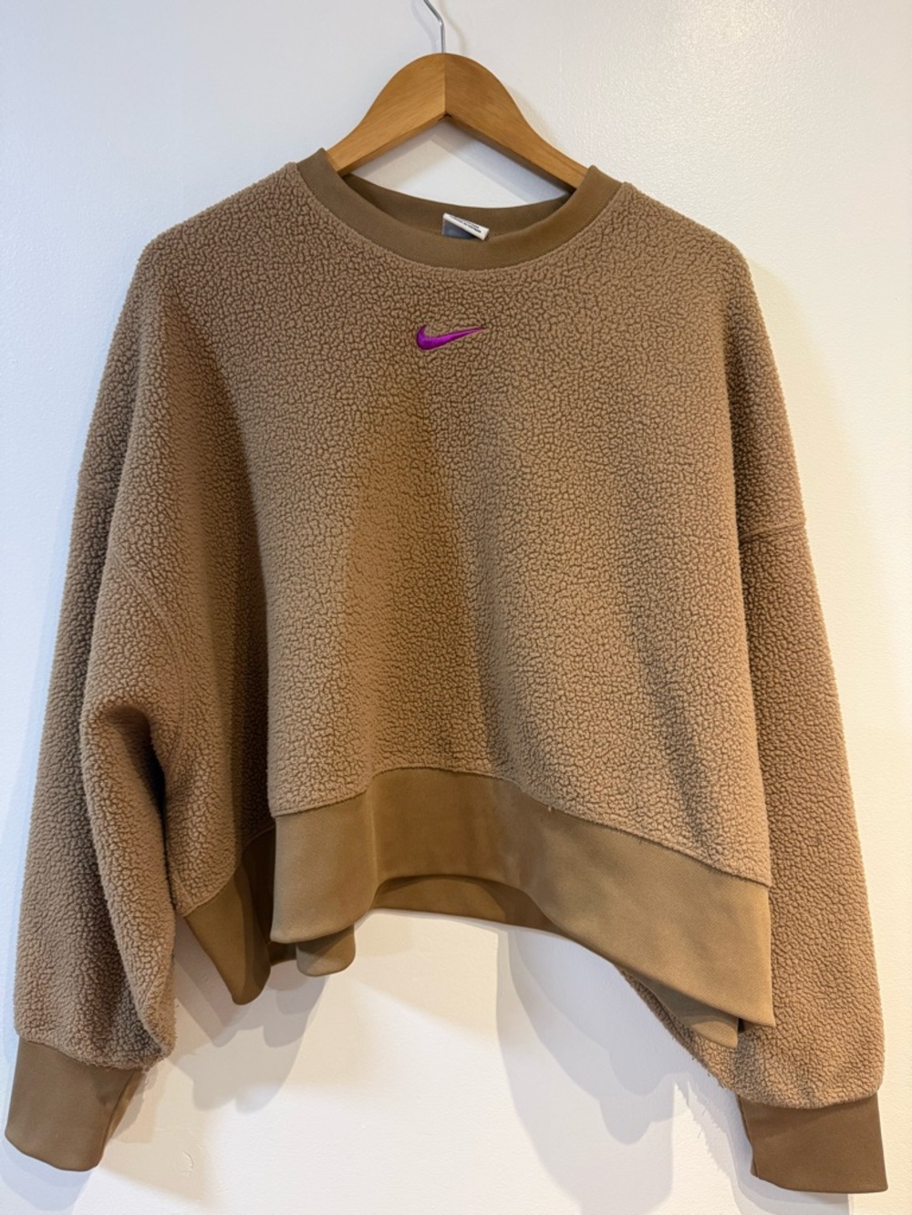 Nike Taupe Sherpa Crew with Purple Swoosh